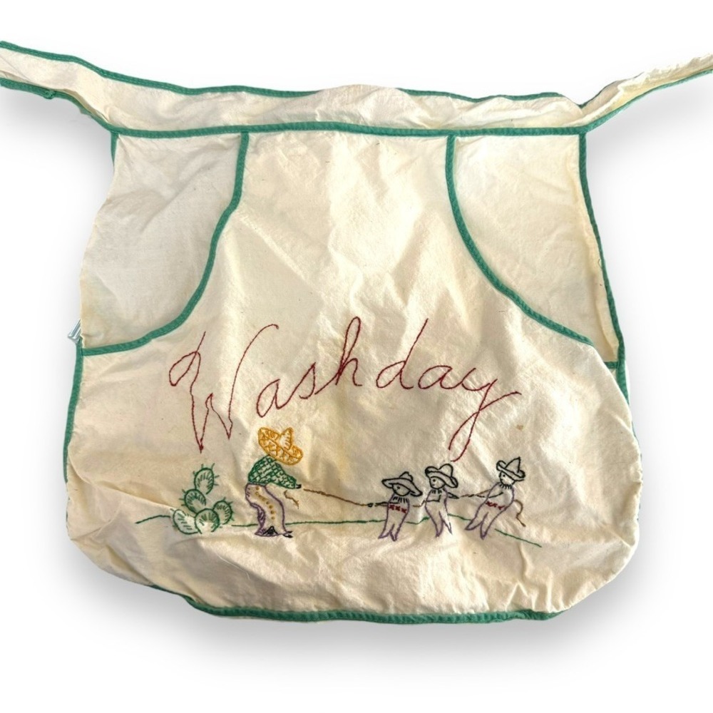 Vintage Hand-Crafted Needlepoint Embroideredβ "Washday" Apron Kitchen Utensils